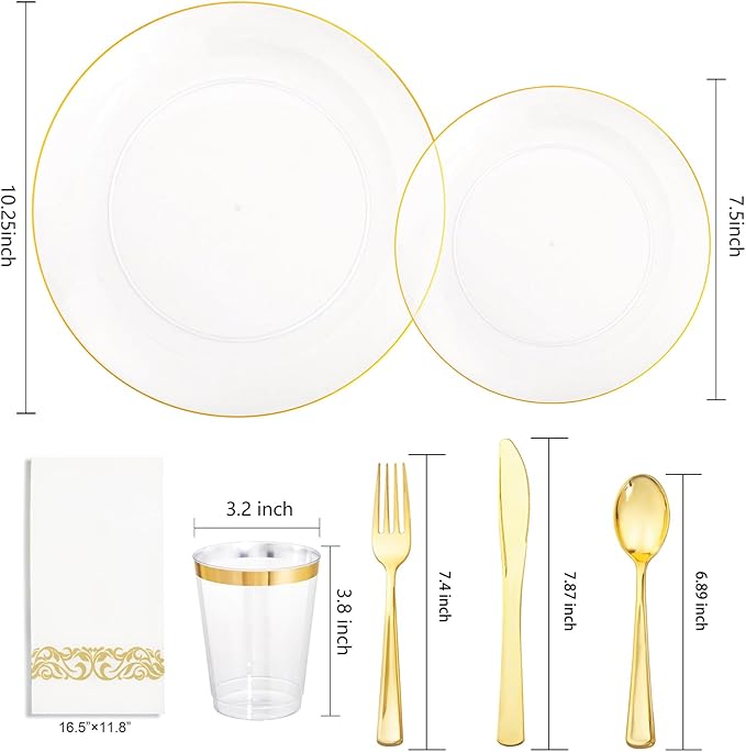 Supernal 350PCS Clear and Gold Plastic Dinnerware Set Include Clear Disposable Plates, Gold Plastic Silverware Heavy Duty, Cups and Napkins for Birthday, Weddings, Parties