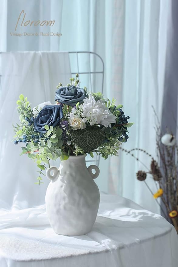 Floroom Artificial Flowers 25pcs Real Looking Dusty Blue Foam Fake Roses with Stems for DIY Wedding Bouquets Bridal Shower Floral Centerpieces Party Tables Decorations