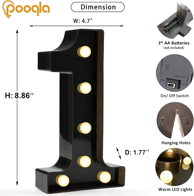 Pooqla Decorative Led Light Up Number Letters, Black Plastic Marquee Number Lights Sign for 1st 10th 21th Birthday Party Wedding Decor Battery Operated Black Decoration 1