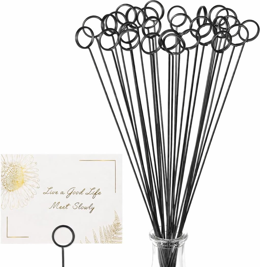 Avsty 30Pcs Floral Card Holder Picks-Wire Place Card Holder for Wedding-Metal Photo Picture Clip Holder-Table Name Number Holder,Memo Note Holder for Flower Arrangement,Wedding,Party(Black, Round)