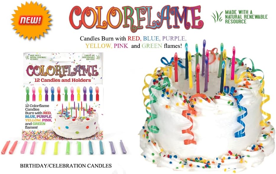 Amazing Colorflame Multicolor Happy Birthday Candles and Holders (12 Count),Unscented