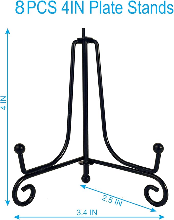 8PCS Premium Black Iron Plate Stands for Display 4 Inch, Decorative Solid Metal Plate Holders for Displaying, Mini Easel, Frame, Book, Card, Plaque, Bowl, Picture Stands for Display