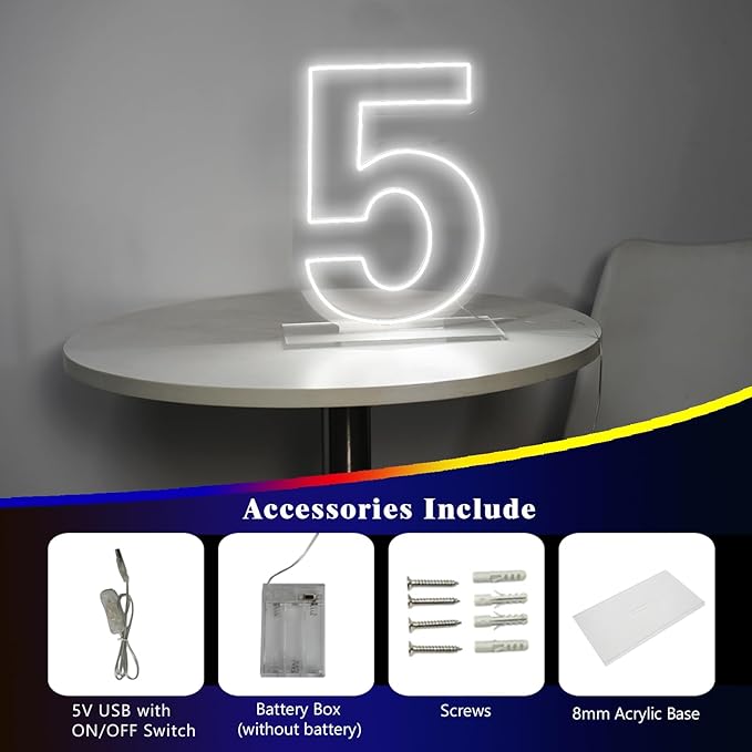 Number 5 Neon Sign for Birthday, 16.54" Cool White USB Battery Powered Led Neon Sign for Party Wedding Anniversary Decor Light Sign (Number 5)