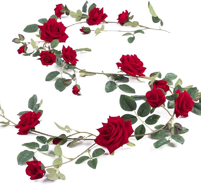 Veryhome Rose Vine Artificial Flower Garland Fake Hanging Rose Ivy Plants 6ft for Wedding Home Party Garden Arrangement Decor Pack of One (Red)