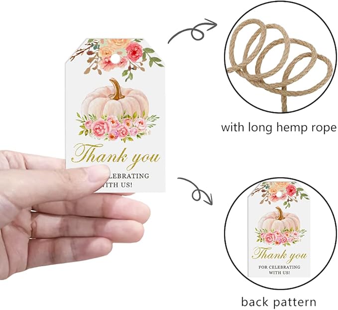 50 Pink Pumpkin Gift Tags - Fall Theme with String, Thank You Tags for Wedding, Birthday, Baby Shower & Party Favors (Two Colors)