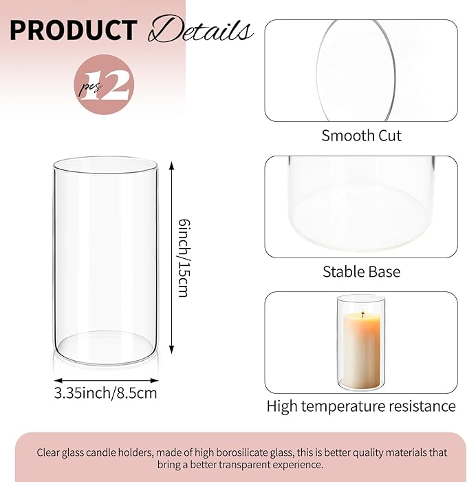 12Pack Glass Cylinder Vases for Centerpieces - 6 Inch Tall Flower Vase for Wedding Decorations, Floating Candle Holder Vase Bulk,Glass Hurricane Candle Holders for Table Shelf, Party, Home Decor