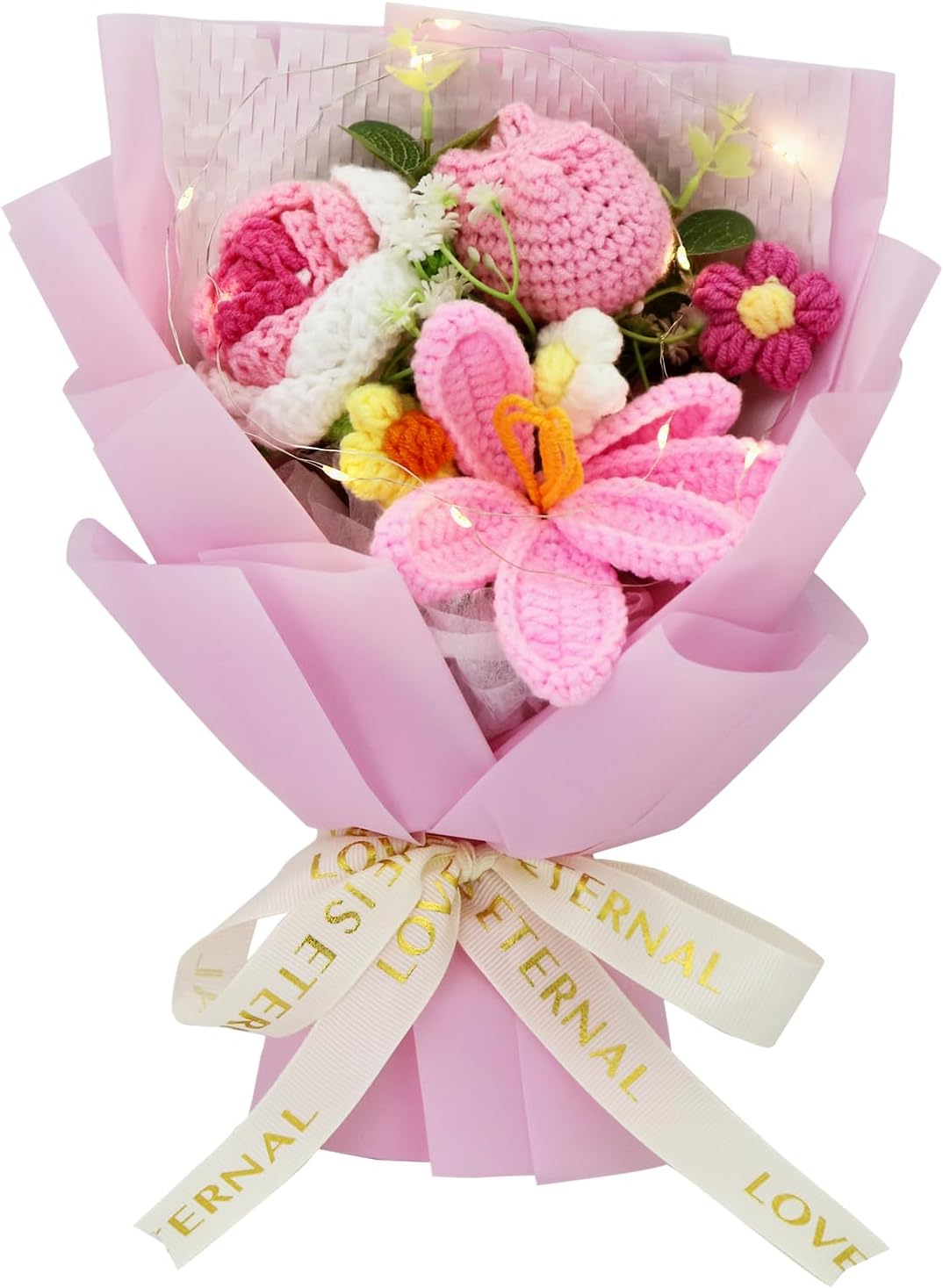 Crochet Tulip Flower Bouquet, Handmade Milk Cotton Tulips for Mother's Day, Includes Gift Bag & Greeting Card, Eternal Hand-Woven Flowers for Anniversary, Graduation Decor, Pink
