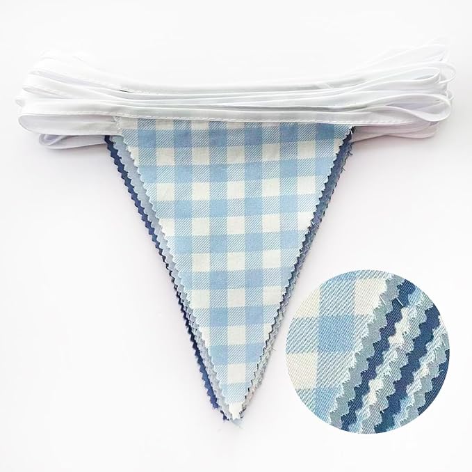 32Ft Dusty Blue Party Decorations Retro Blue Gingham Triangle Banner Flag Pennant Fabric Garland Streamers for Nautical Wedding Birthday Ahoy Achor Bridal Baby Shower Under The Sea Decor Supplies