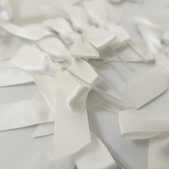 50pcs 2-1/2" White Satin Ribbon Bows with Twist Ties for Wedding Box Gift Wrapping Packing Christmas Decoration (White)