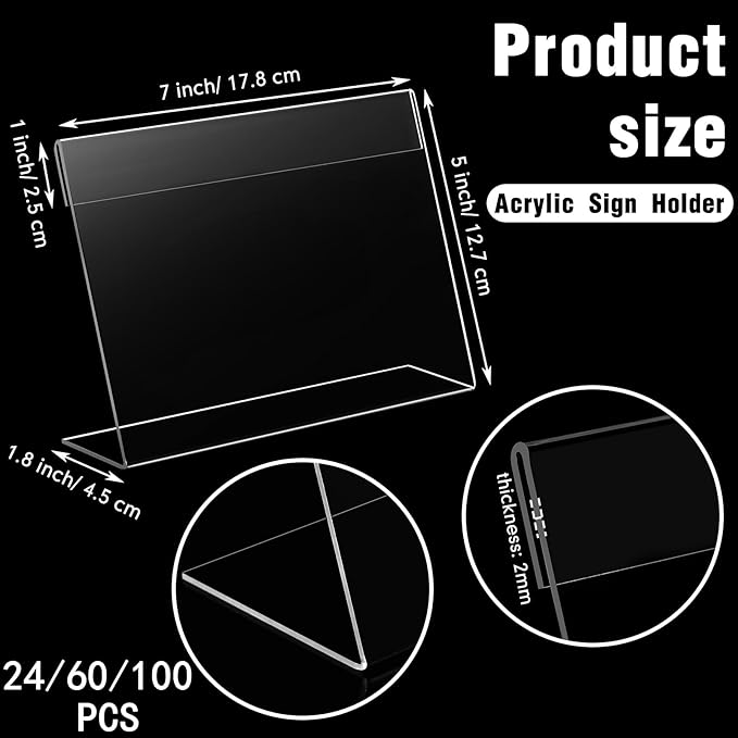 Vicenpal 6 Pcs 7x5 Inch Clear Acrylic Sign Holder Plastic L-shape Vertical Menu Stand, Picture Photo Frames, Table Paper Holder, Flyer Sign Display Stand for Restaurants, Store, Office, Wedding