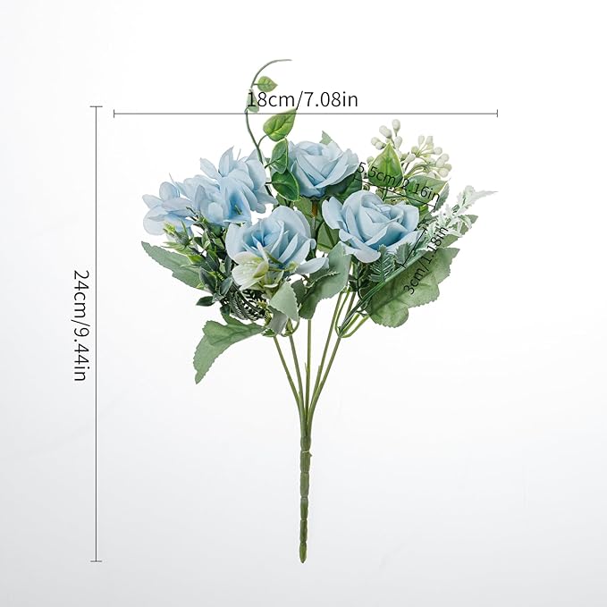 Artificial Flower 5 Branches Artificial Silk Fake Flowers Bouquet Small Roses for Wedding Home Office Tables Decor 2 Packs(Light Blue)