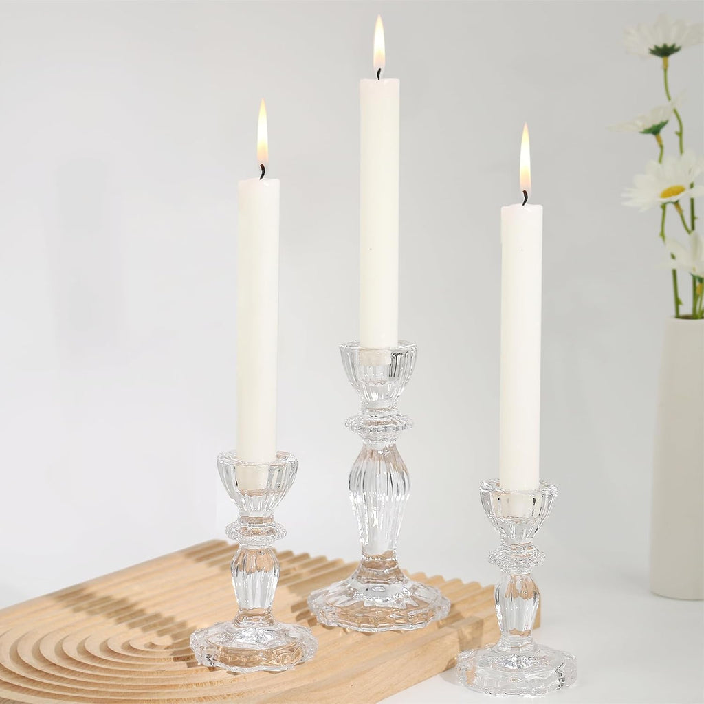 Glass Candlestick Holders Set of 6, Clear Stripe Taper Candle Holders for Table Centerpiece, Home Decorations, Wedding and Party