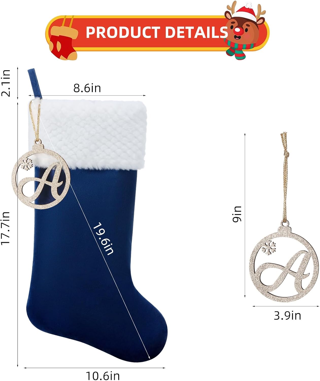 Personalized Christmas Stocking, 19.5 Inch Blue Velvet Christmas Stocking with Gold Wooden Letter Ornament - Fireplace Holiday Decor (Blue paw)