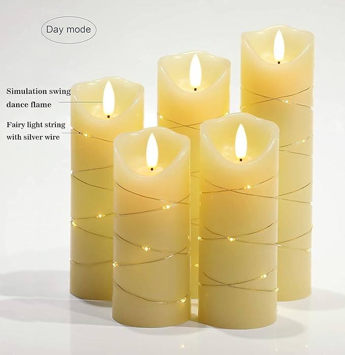 LED flameless Candle, with Embedded Starlight String,（ danip)5-Piece LED Candle, with 10-Key Remote Control, 24-Hour Timer Function, Dancing Flame, Real Wax, Battery-Powered. (Ivory White)