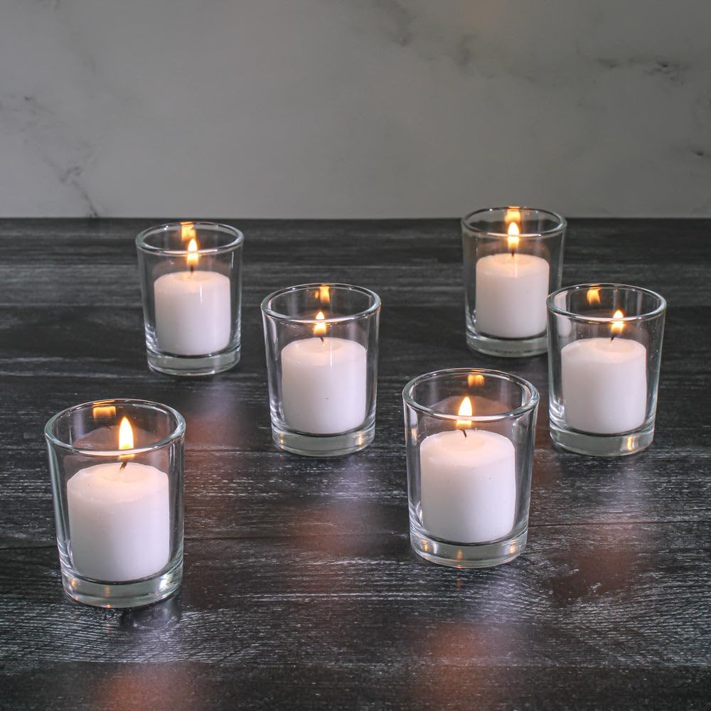 Set of 72 Richland® Votive Candles White Unscented and 72 Eastland® Votive Holders Clear