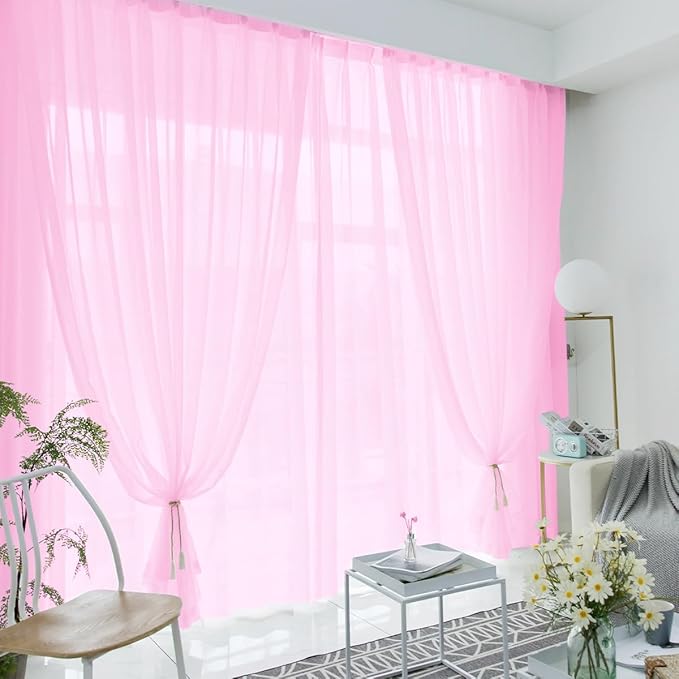 PARTISKY 10x10ft Pink Chiffon Sheer Backdrop Curtains, Wrinkle-Free Wedding Backdrop Drapes for Birthday Party Ceremony Arch Stage Decor Background for Photography 5x10ft,2 Panels