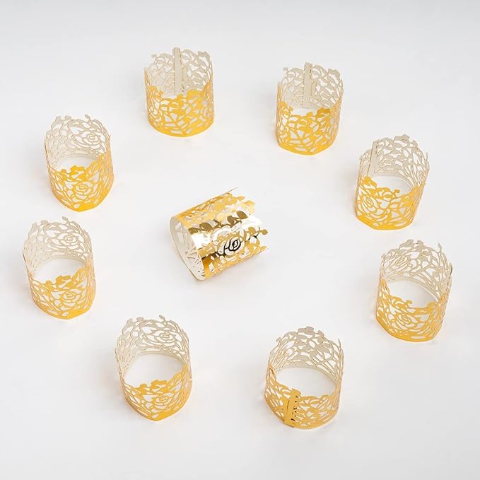 100pcs Disposable Rose Flower Paper Napkin Rings Laser Cut Foil Paper Napkin Holder, Leaf Vine Serviette Rings for Table Decoration,Christmas,Wedding,Party (Gold) (Pack of 2)