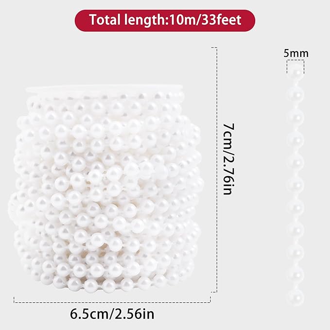 Pearls String Beads 33 Feet Crafts Faux Pearl Roll for Christmas Garland Flowers Wedding Party Jewelry Decoration(5mm White)