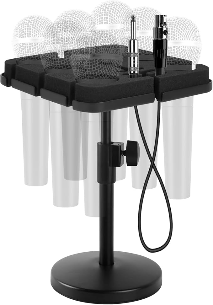 Multi Microphone Holder, Wired and Wireless Mic Holder for Stand, Hold Up to 7 Microphones, Aluminum, Black with stand