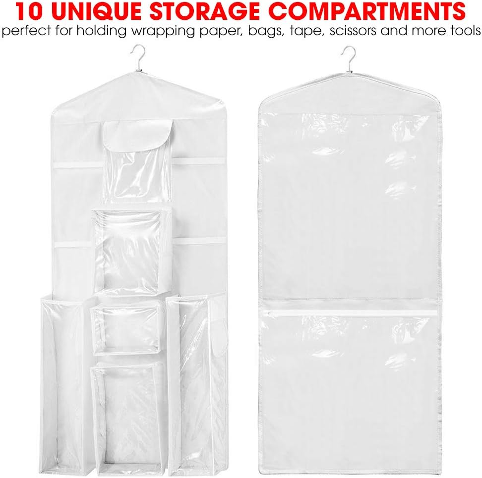 Wrapping Paper Storage Hanging Over the Door Gift Wrap Organizer Double Sided Front and Back Pockets Store Gift Wrap Gift Bags Ribbon Bows Accessories 40”x17” Fits Long 40 Inch Rolls (White)