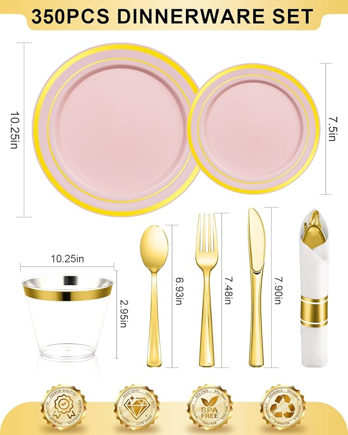 350PCS Pink Plastic Dinnerware Set, Disposable Party Plates for 50 Guests, Include: 100 Pink and Gold Plastic Plates, 50 Pre Rolled Napkins with Gold Silverware, 50 Cups for Wedding, Christmas