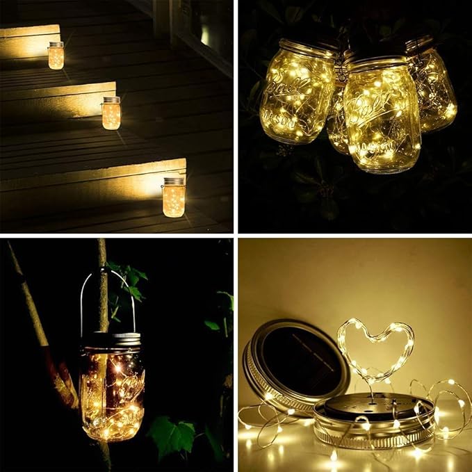 SunKite Solar Mason Jar Lights(NO Jars), 12 Pack 30 LED Waterproof Fairy Firefly Jar Lids String Lights with Hangers, Patio Yard Garden Wedding Decoration - Warm White