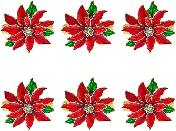 Poinsettia Napkin Rings Set of 6, Xmas Party Red Flower Napkin Holder Buckles, Thanksgiving Christmas Napkin Rings (Dark Red, One Size)