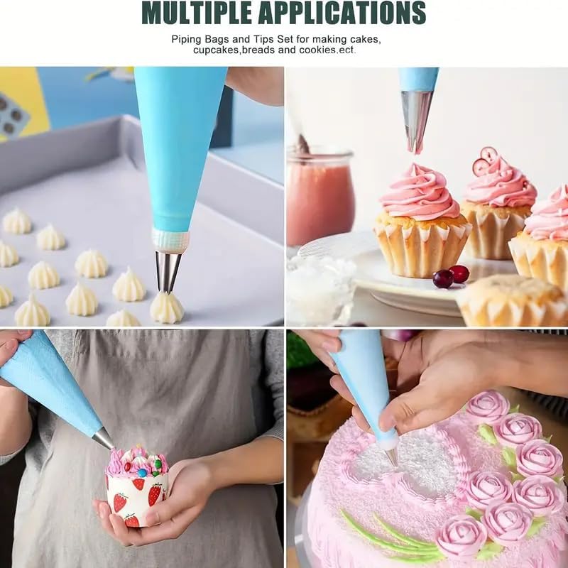 21 Pcs Piping Bags and Tips Set, Cake Decorating Tips Set with 12 Stainless Steel Piping Tips, 2 Reusable Pastry Bag 2 Couplers, 3 Scrapers and 2 Silicone Rings, Cake Piping Tool Supplies, Blue