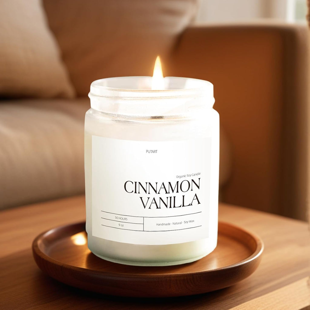 Cinnamon Vanilla Candles for Home Scented, Natural Soy Wax Aromatherapy Non Toxic Heavy Scented Candle with Essential Oil, Home Fragrance Stress Relief Jar Candles Gifts for Women & Men 9oz