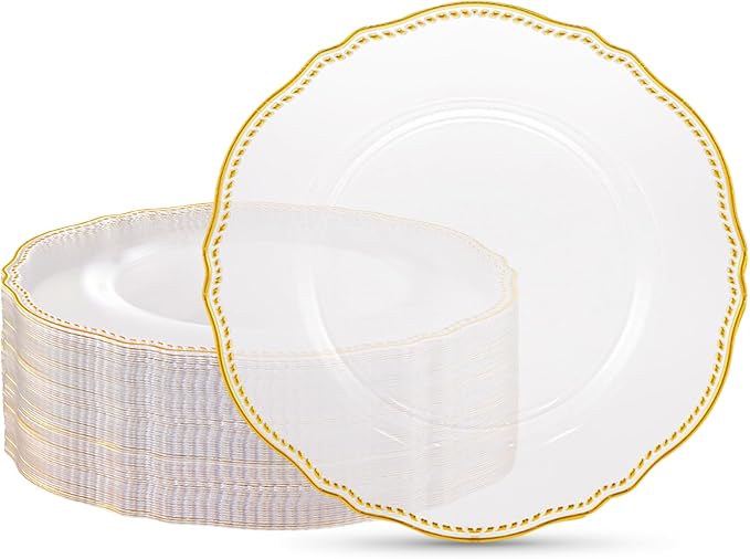 Hioasis 60pcs Clear Plastic Plates - Clear and Gold Disposable Dinnerware with Gold Rim, Heavy-duty, 10.25 inch, Dinner Plates for Party & Wedding