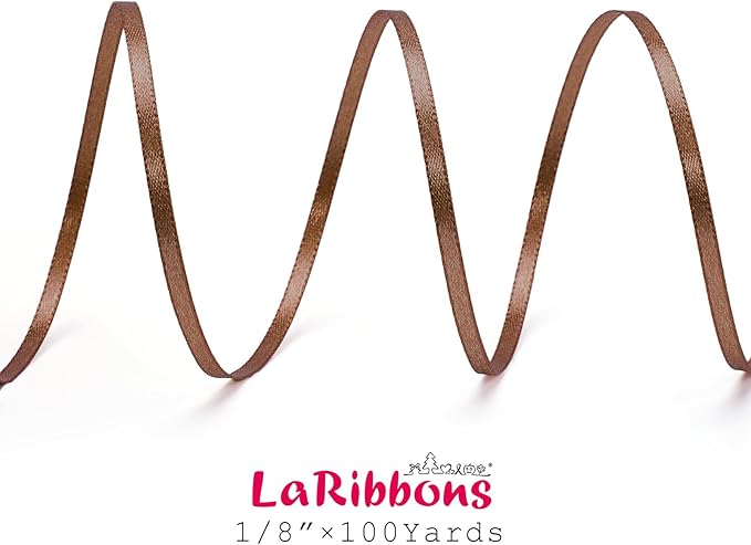 LaRibbons Brown Satin Ribbon 1/8 Inch 100 Yards Thin Luxury Double Faced Mocha Mousse Silk Ribbon for Flower Bouquet Crafts Gift Wrapping Wedding Decoration