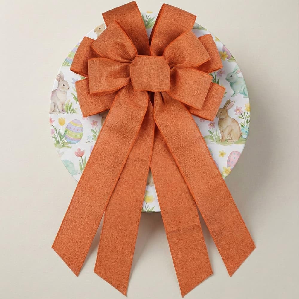 Orange Large Bow for Wreath Tree Topper 11x21 Inch Linen Texture Wired Ribbon Big Bows for Front Door Fall Halloween Decor Gift