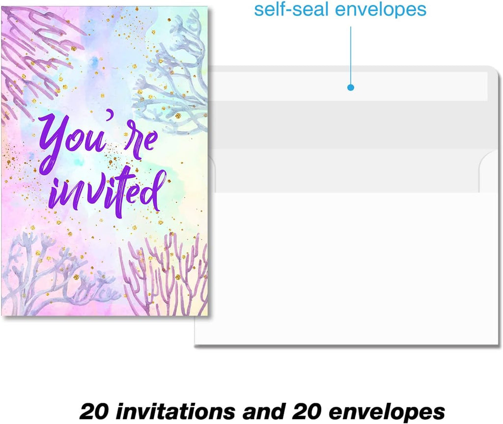 Soiceu Cute Under the Sea Mermaid Birthday Party Invitations with Envelopes Set of 20 Purple Pink Girl Birthday Party Invites