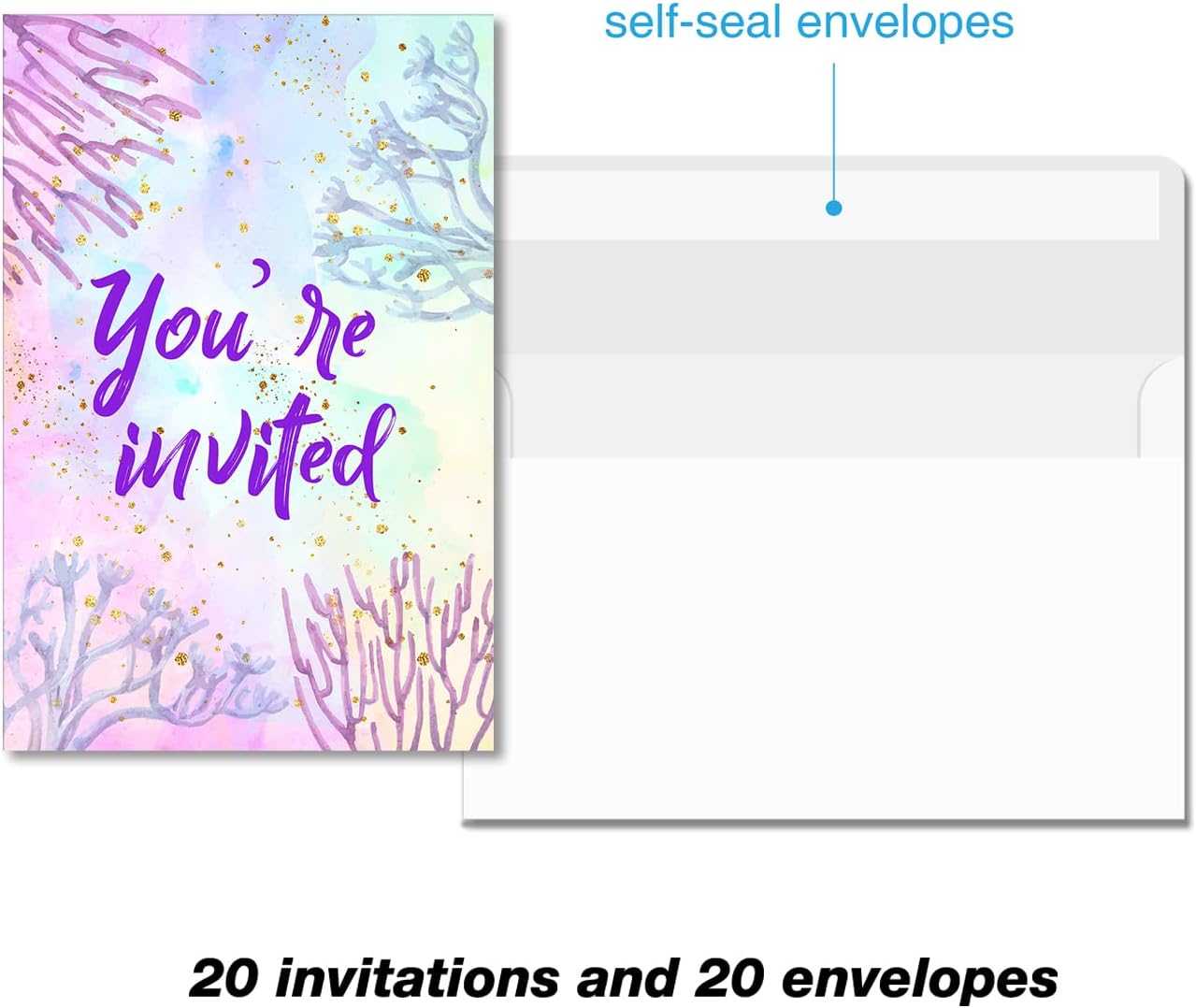 Soiceu Cute Under the Sea Mermaid Birthday Party Invitations with Envelopes Set of 20 Purple Pink Girl Birthday Party Invites