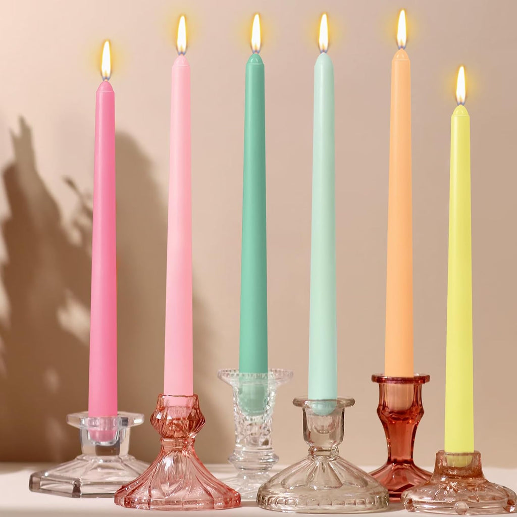12 Pack 10 inch Dopamine-Color Taper Candle Set for Holiday Dinner Party, Unscented Long Candlesticks, Dripless and Smokeless, 7-8 Hours Burn