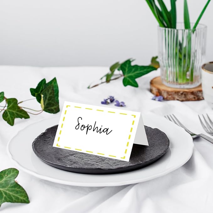 25 Pack Yellow Lines Place Cards, Editable Name Cards for Table Setting, Tent Cards Food Label for Dinner Party, Bridal Shower, Wedding, Baby Shower and Events -T21