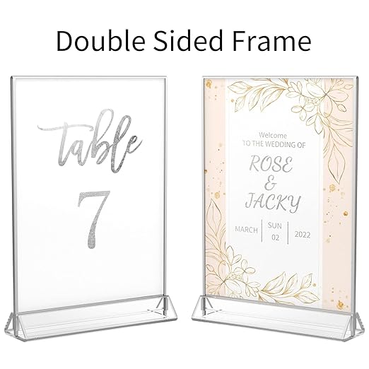 NIUBEE 6Pack 5x7 Clear Acrylic Sign Holder with Sliver Borders and Vertical Stand, Double Sided Table Menu Holders Picture Frames for Wedding Table Numbers, Restaurant Signs, Photos and Art Display