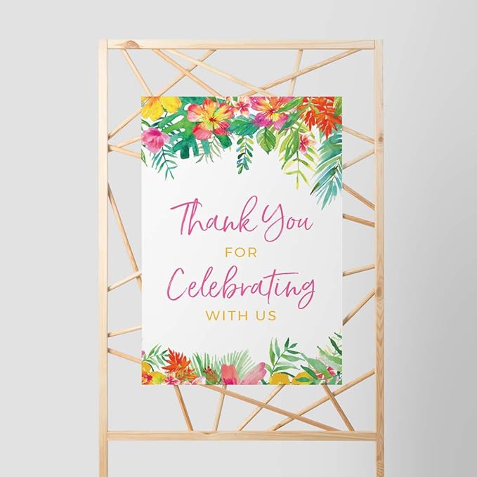 Andaz Press Extra Large Wedding Easel Board Party Sign, 12x18-inch, Tropical Leaves Plants Flowers, Thank You for Celebrating With Us, 1-Pack
