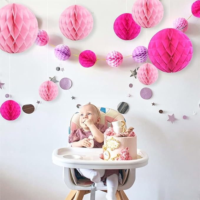 CC wonderland zone 12pcs Pink Paper Honeycomb Balls,Hanging Tissue Pom poms for Party Decoration,6inch&10inch