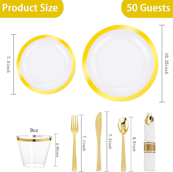 Rubtlamp 350 Pcs Clear Gold Plastic Plates, Disposable Dinnerware, Clear-Gold Plates Set Include 50 Dinner Platos 50 Dessert Platos, 50 Cups, 50 Pre Rolled Napkins with Cutlery Set for Party