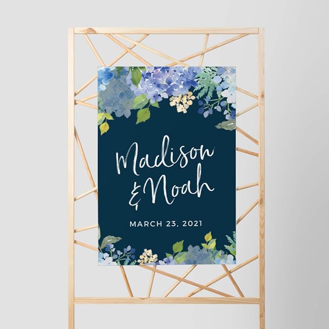Andaz Press Personalized Extra Large Wedding Easel Board Party Sign, 12x18-inch, Baby Blue Hydrangea Floral Flowers on Navy Blue, Bride Groom Names and Date, 1-Pack, Custom