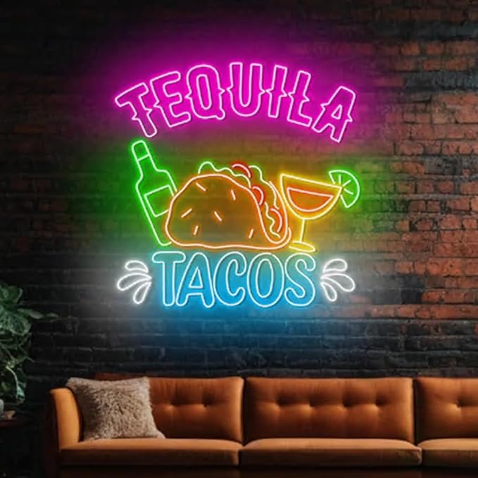 Tequila Tacos Neon Sign, Tacos Tequila Restaurant Led Sign, Mexican Restaurant Wall Decor, Mexican Tequila Cocktail Bar Pub Wall Art Size:23inch