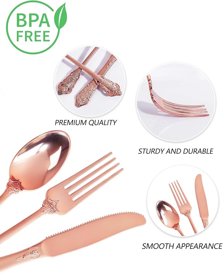 WDF 120Pieces Rose Gold Plastic Silverware - Heavy Duty Rose Gold Plastic Cutlery Set - Disposable Rose Gold Utensils - Rose Gold Flatware Includes 40 Forks, 40 Spoons, 40 Knives for Wedding