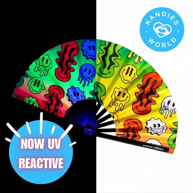 Kandies World UV Reactive Custom Festival Folding Hand Fan - Unique Designs, Made of Bamboo, Clacking Sound, Lightweight - Perfect Rave and Festival Accessory!