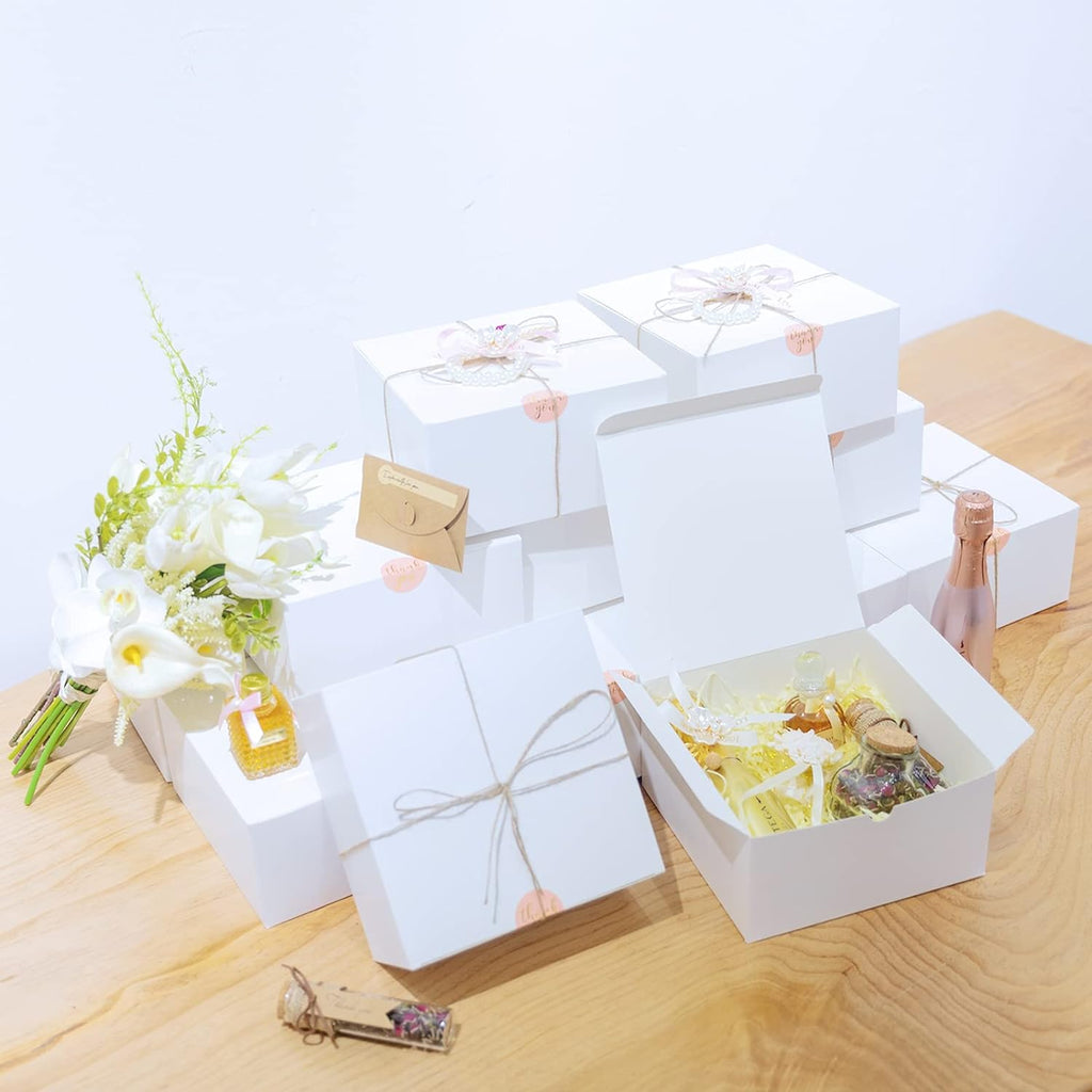YUEFANBOX 12 Pack White Gift Boxes, 8x8x4in, with Lids, 80ft Twine, Stickers & Tape, Easy Assemble for Bridesmaid Proposal, Wedding, Party Favors