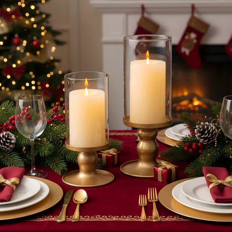 NITIME 4Pcs Hurricane Candle Holder for Pillar Candles, Gold Candle Holders with Clear Glass Sleeve for Table Centerpieces,Pillar Candle Holders for Home Decor, Wedding, Holiday and Party Decor