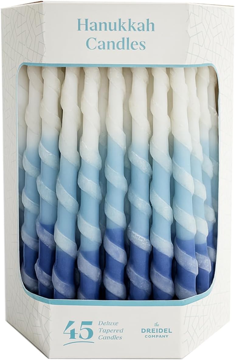 The Dreidel Company Deluxe Twisted Spiral 45 Blue & White Ombre Hanukkah Menorah Candles for All 8 Nights of Chanukah Burn Time 1-Hour