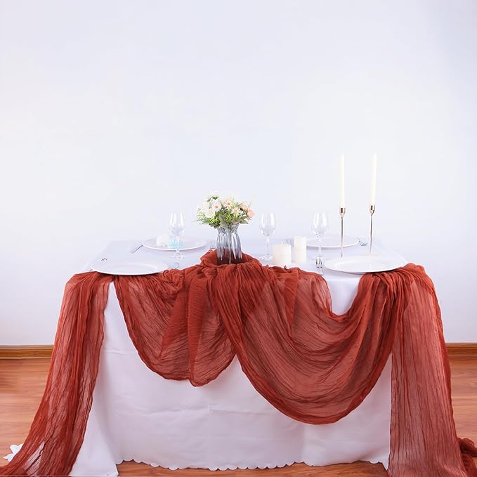 16PCS Terracotta Cheesecloth Table Runner 10FT Table Runner Cheesecloth 35x120Inch Boho Gauze Cheese Cloth Table Runner Long Rustic Sheer Table Runners for Wedding Party Baby Bridal Shower Table Decor