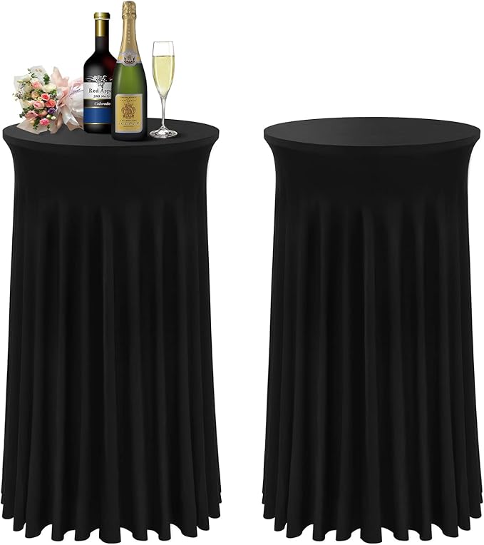 Cocktail Table Covers - 2 Pack 24"x 43" Black Cocktail Table Tablecloth with Natural Wavy Round Skirt for Bar Wedding Party Banquet