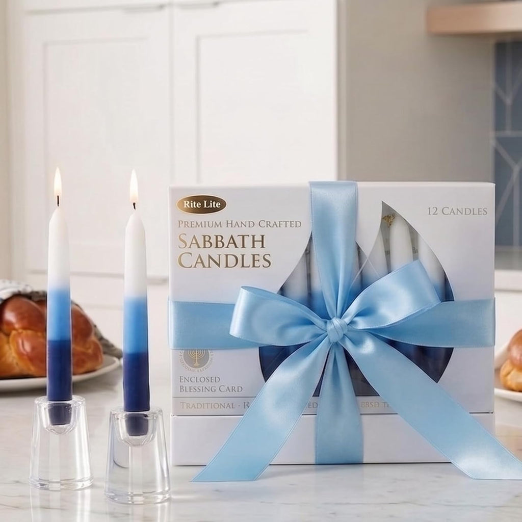 Rite Lite White & Blue Tricolor Shabbat Candles Premium 12 Pack Traditional Sabbath Dinner Table Jewish Home Decor Shabbos Candles Judaica Centerpiece Beautiful Gift Box & Hebrew English Blessing Card